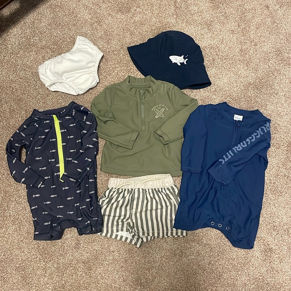 Baby boy swim bundle- 3 rashguards, diaper, hat- 12 month